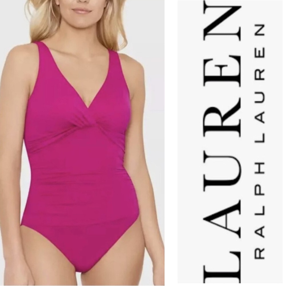 .NWT Lauren Ralph Lauren Magenta Beach Club one piece Swimsuit size 14.